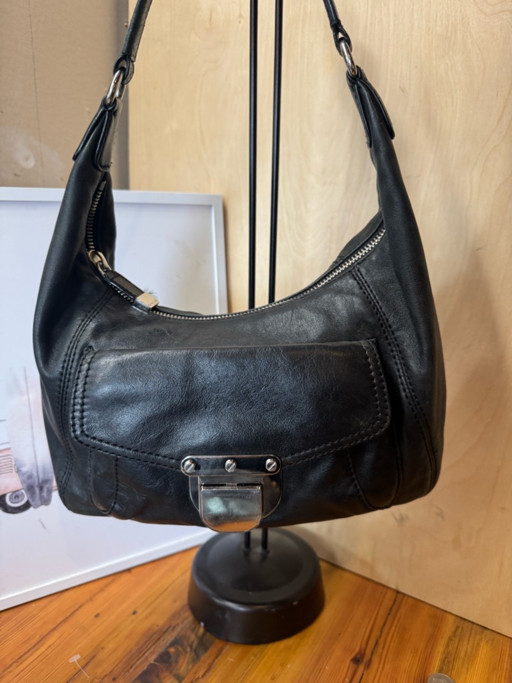 Michael Kors Black Leather Hobo Shoulder Bag with Silver Hardware